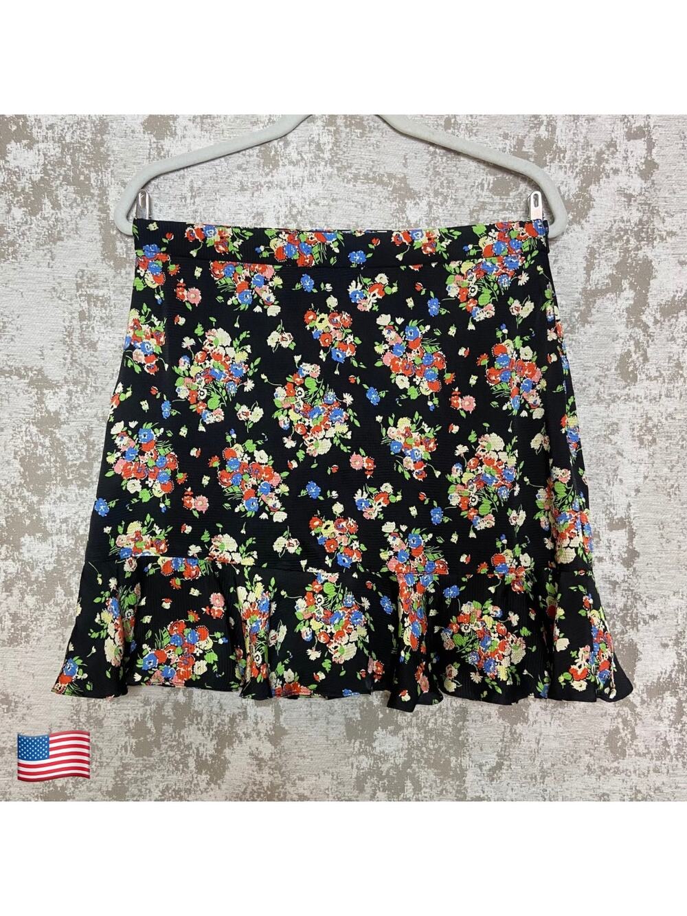 Boden Satin Floral Ruffle Hem Mini Skirt in Black/Multicolor
